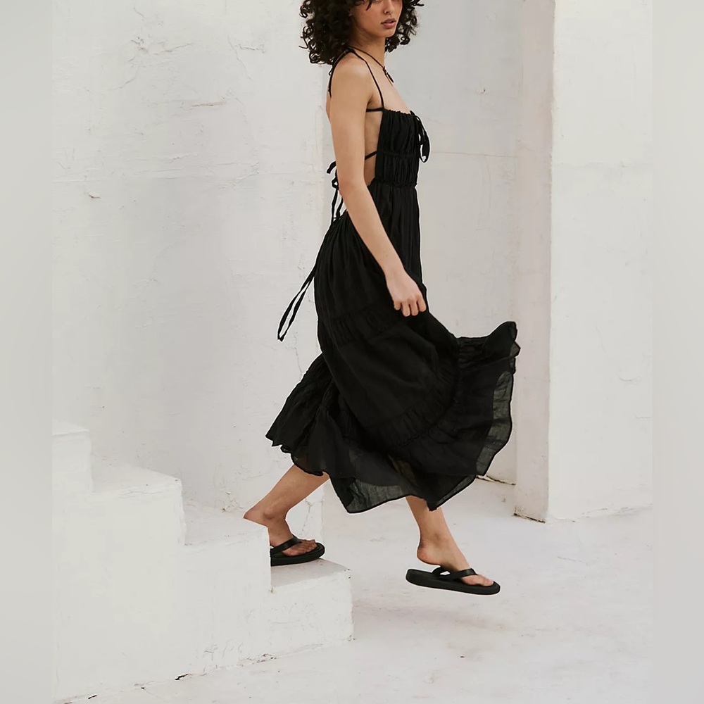 Free People Taking Sides Open Back Tiered Ruffle Strappy Tie Maxi Midi Dress - Picture 3 of 4